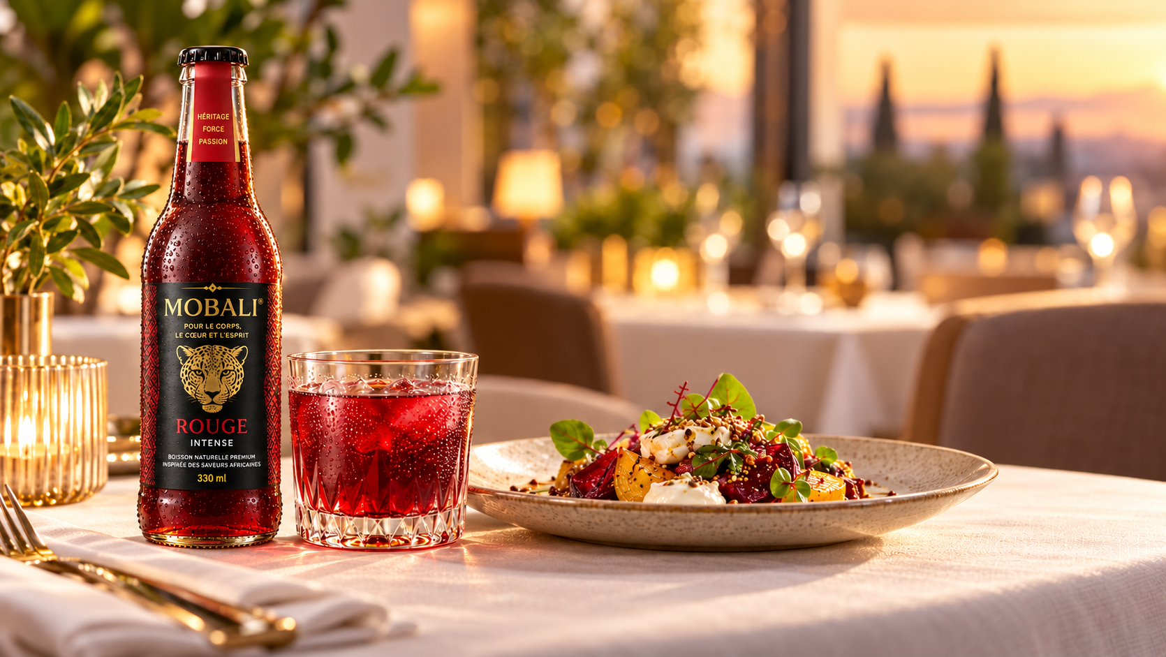 MOBALI ROUGE à table, avec un verre et un plat